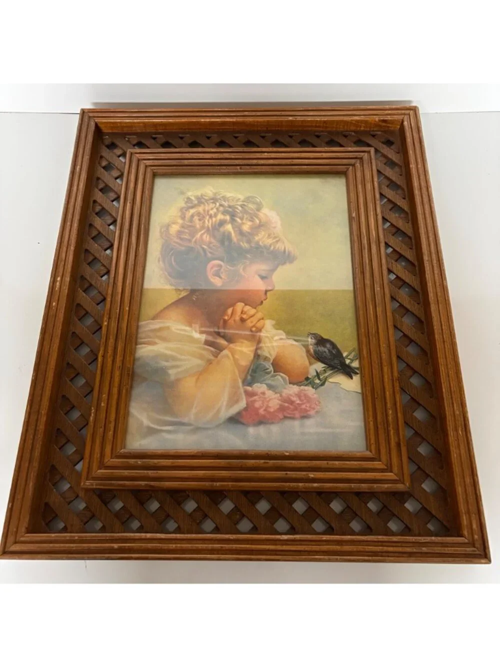 Vintage Praying Child Bird Print Wood Lattice Frame Religious Spring Wall Art